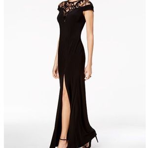 Long black dress with slit and sequin neck